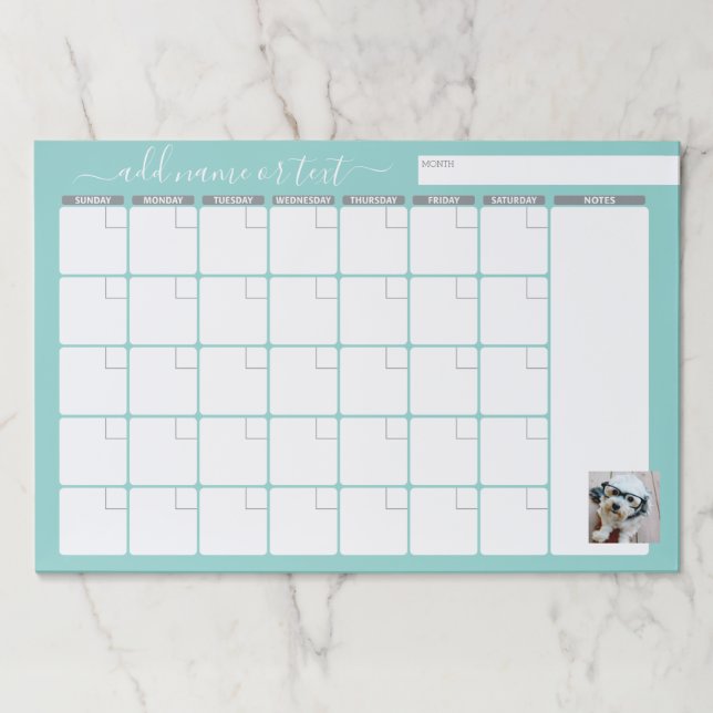 Monthly Planner modern script and photo aqua Paper Pad (Front)