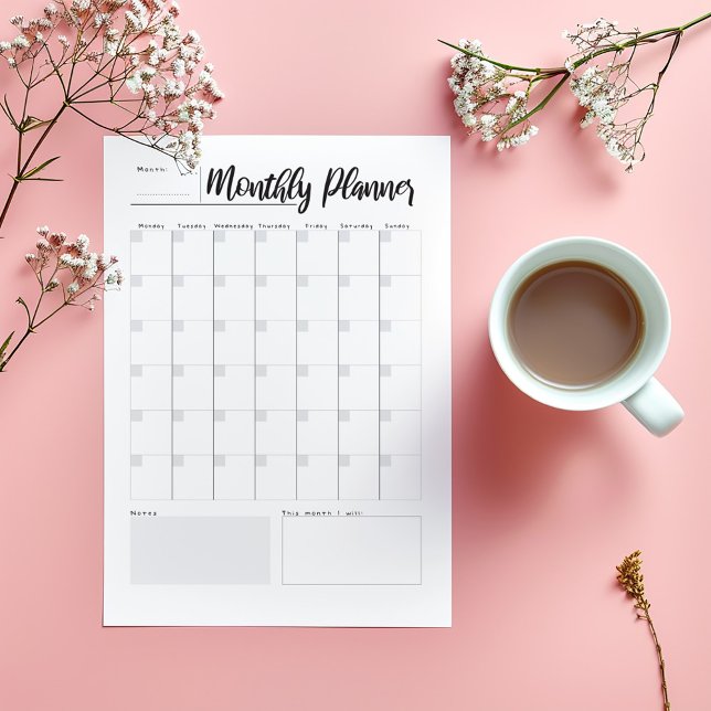 Monthly Planner Post-it Notes (Minimalist monthly planner with modern script, undated grid, and notes section.)