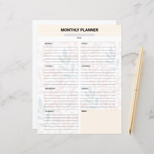 Monthly Planner Template (Front/Back In Situ)