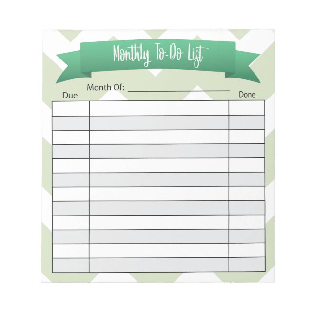 Monthly To Do List- Green Notepad (Front)