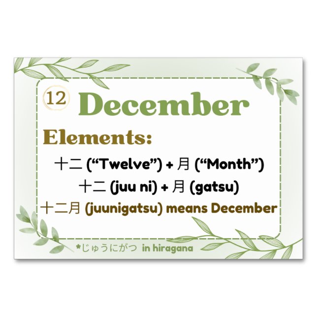Months in Japanese (Flash Cards) Table Number (Front)