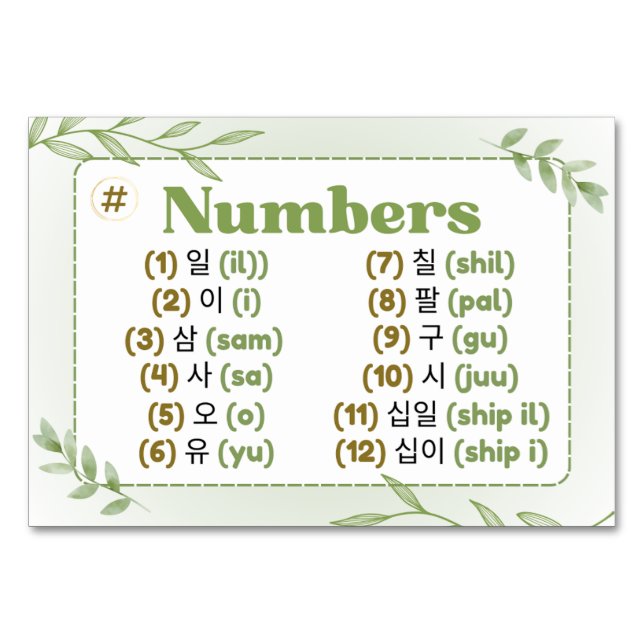 Months in Korean Hangul (Flash Cards) Table Number (Front)