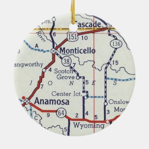 Monticello Iowa Vintage Map Ceramic Ornament