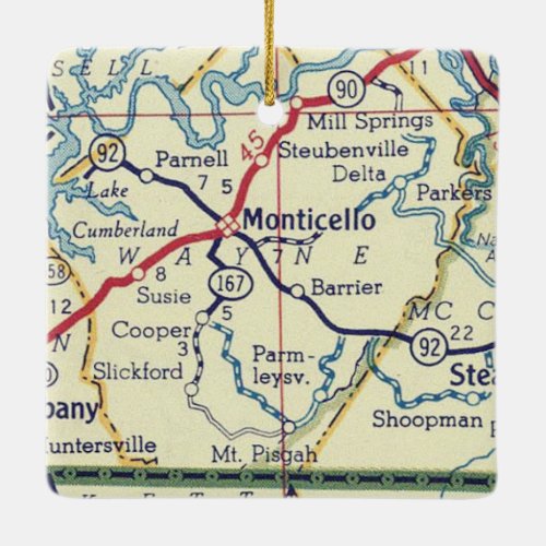 Monticello KY Vintage Map Ceramic Ornament