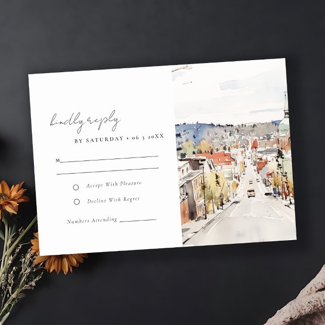 Montpelier City Scape Vermont Watercolor Wedding RSVP Card (Creator Uploaded)