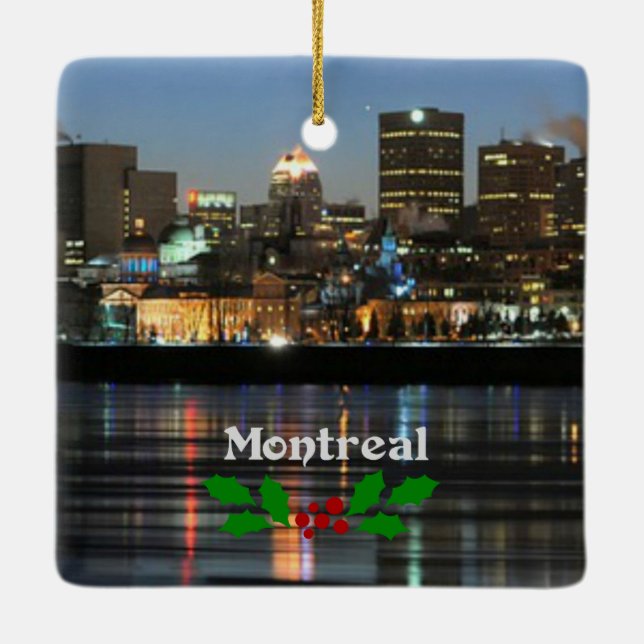 Montreal Skyline with Christmas holly Ceramic Ornament (Back)