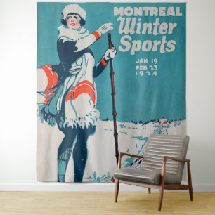 Montreal winter sports vintage poster Skiing 1924 Tapestry