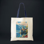Montreux Switzerland Travel Art Vintage Tote Bag<br><div class="desc">Montreux retro vector travel design. Montreux is a traditional resort town on Lake Geneva. Nestled between steep hills and the lakeside.</div>