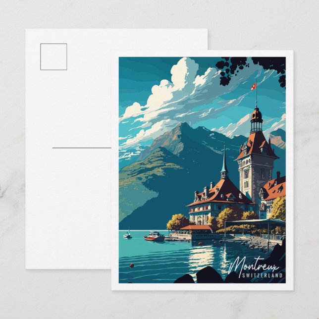 Montreux Switzerland vintage travel illustration Postcard (Front/Back)