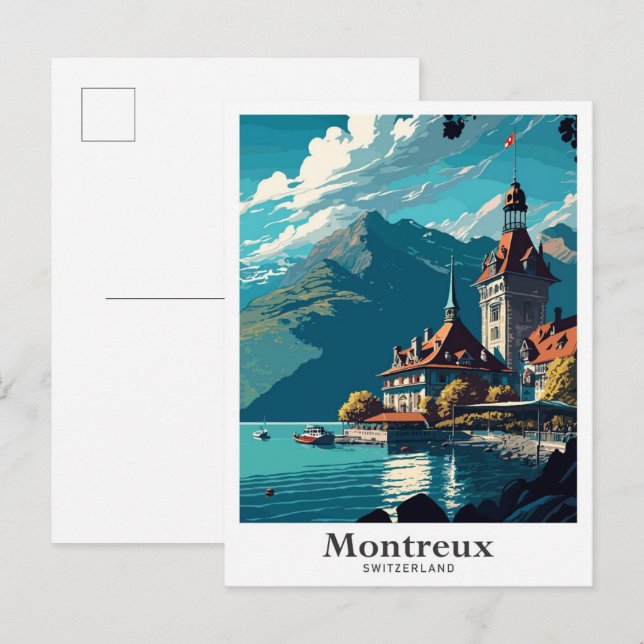 Montreux Switzerland Vintage Travel Illustration Postcard (Front/Back)