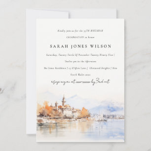 Montreux Switzerland Watercolor Landscape Birthday Invitation
