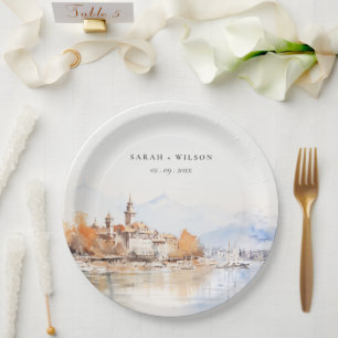Montreux Switzerland Watercolor Landscape Wedding Paper Plates