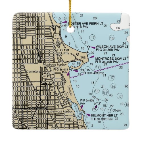 Montrose Harbor Chicago Lakefront Chart Ceramic Ornament
