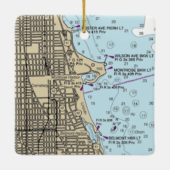 Montrose Harbor Chicago Lakefront Chart Ceramic Ornament (Back)