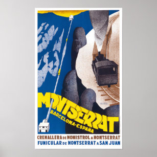 Montserrat cableway Spain vintage travel poster