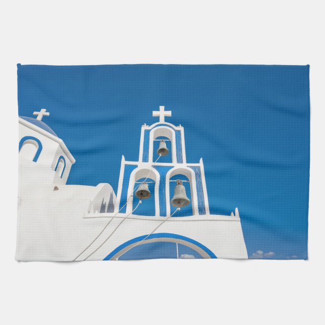 Monuments | Greek Blue Dome Church Kitchen Towel (Horizontal)
