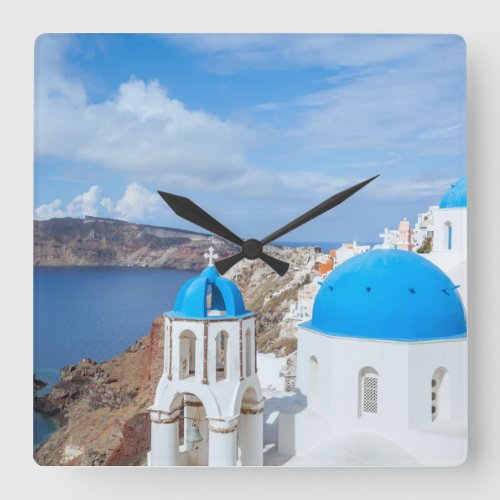 Monuments  Greek Blue Domed Churches Square Wall Clock
