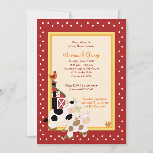 Moo Cow Farm Barnyard Baby Shower Invitations 5x7