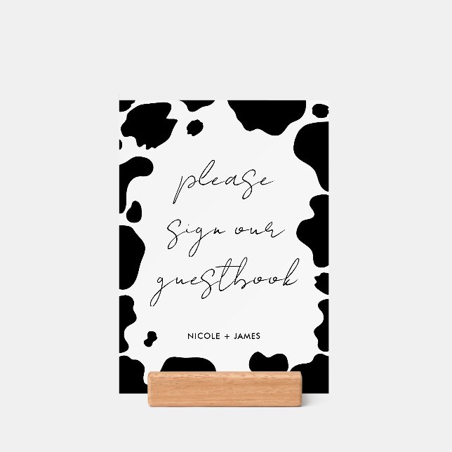 Moo Cow Spots Black White Wedding Guestbook Sign Holder (Woodblock)
