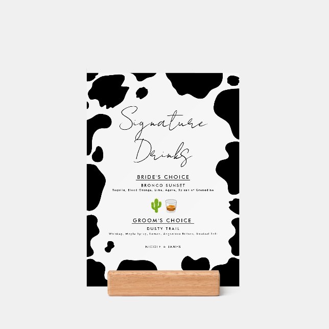 Moo Cow Spots Black White Wedding Signature Drinks Holder (Woodblock)