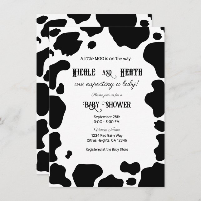 Moo Cow Spots Print Black & White Baby Shower Invitation (Front/Back)