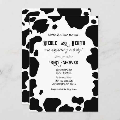 Moo Cow Spots Print Black  White Baby Shower Invitation