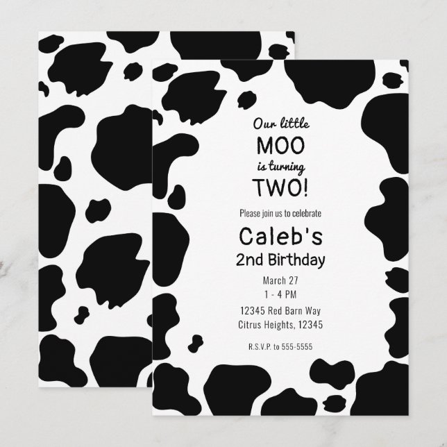 Moo Cow Spots Print Black & White Birthday Party  Invitation (Front/Back)