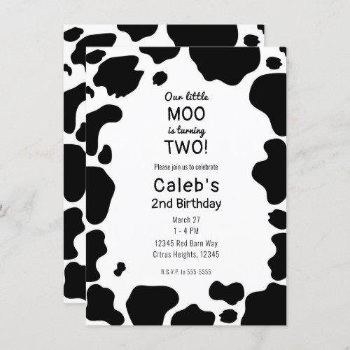 Moo Cow Spots Print Black  White Birthday Party  Invitation