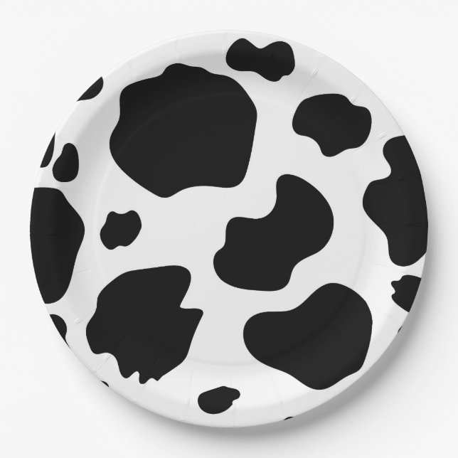 Moo Cow Spots Print Black & White Birthday Party Paper Plates (Front)