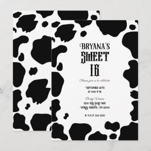 Moo Cow Spots Print Black & White Rustic Sweet 16  Invitation