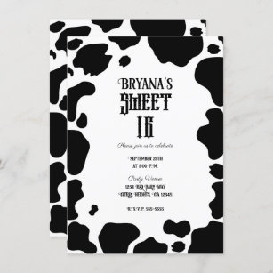 Moo Cow Spots Print Black & White Rustic Sweet 16  Invitation