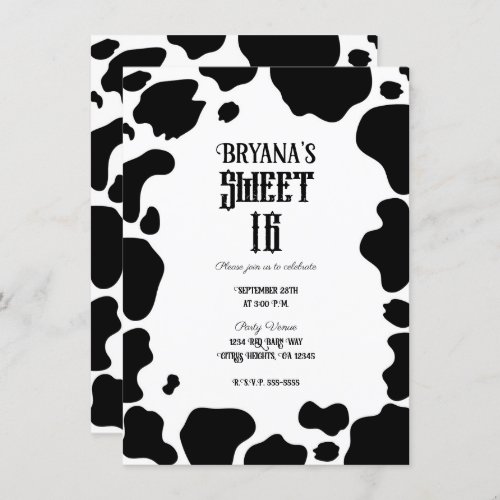 Moo Cow Spots Print Black  White Rustic Sweet 16  Invitation