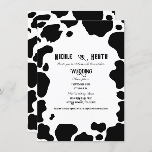 Moo Cow Spots Print Black  White Rustic Wedding Invitation