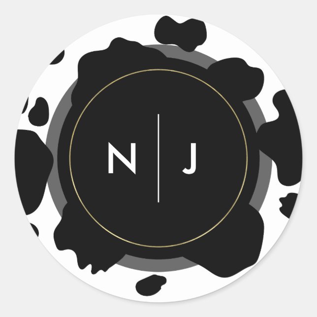 Moo Cow Spots Print Black & White Wedding Classic Round Sticker (Front)