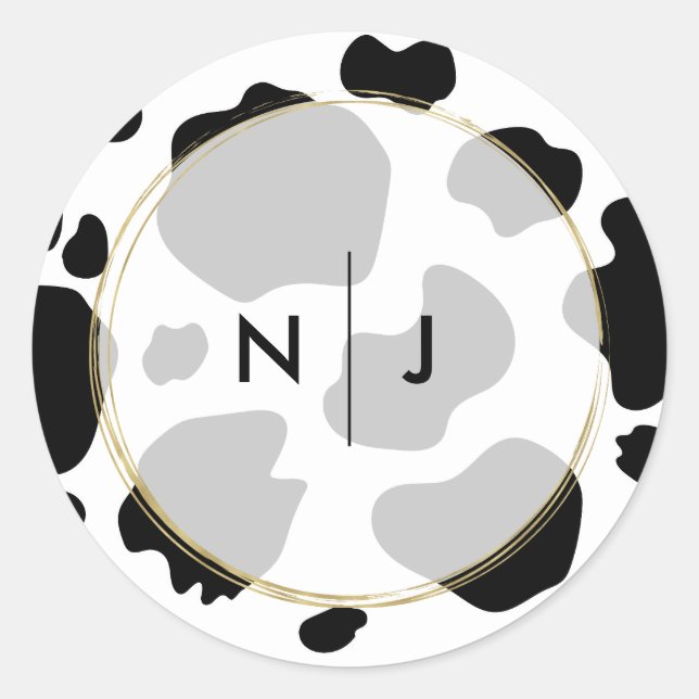 Moo Cow Spots Print Black & White Wedding Classic Round Sticker (Front)