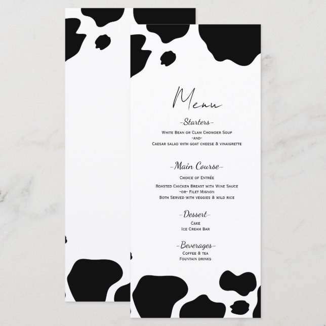 Moo Cow Spots Print Black White Wedding Menu (Front/Back)