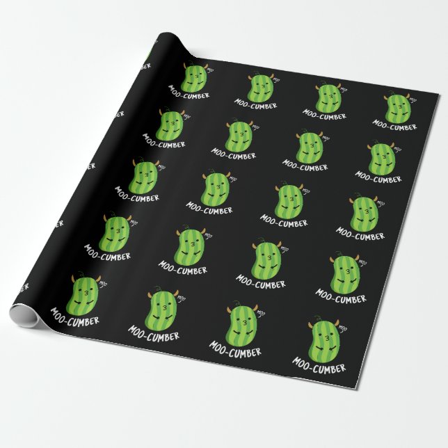 Moo-cumber Funny Veggie Cucumber Pun Dark BG Wrapping Paper (Unrolled)