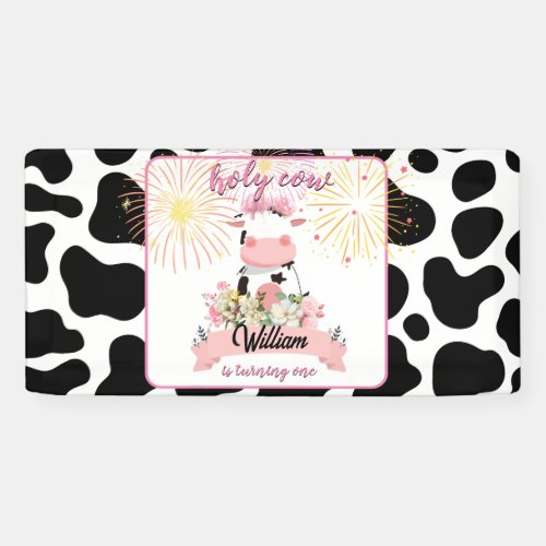 Moo cute floral pink Holy Cow 1st Birthday Banner