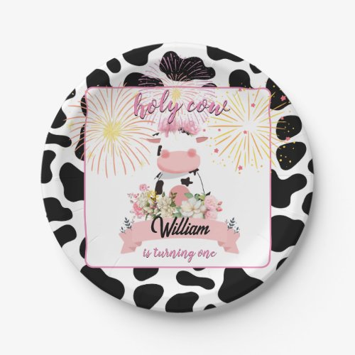 Moo cute floral pink Holy Cow 1st Birthday Paper Plates