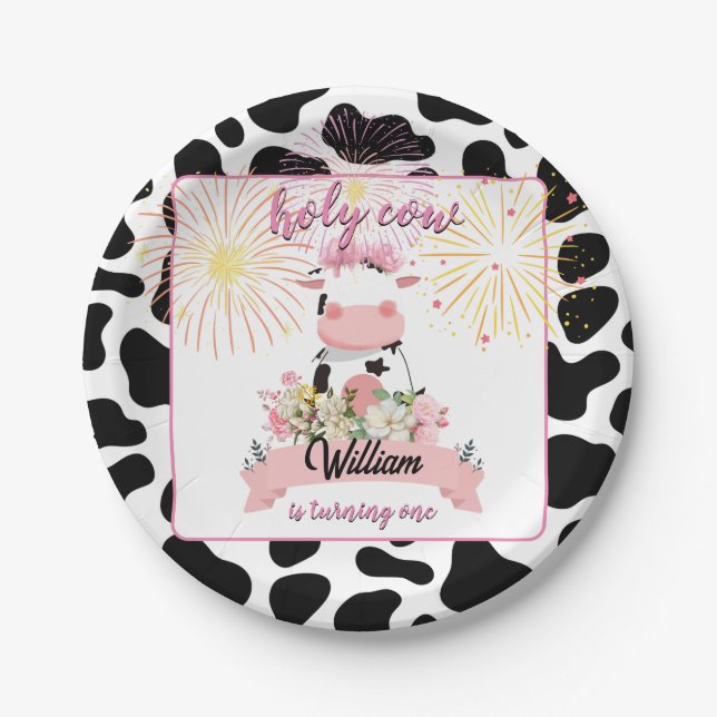Moo cute floral pink Holy Cow 1st Birthday Paper Plates (Front)