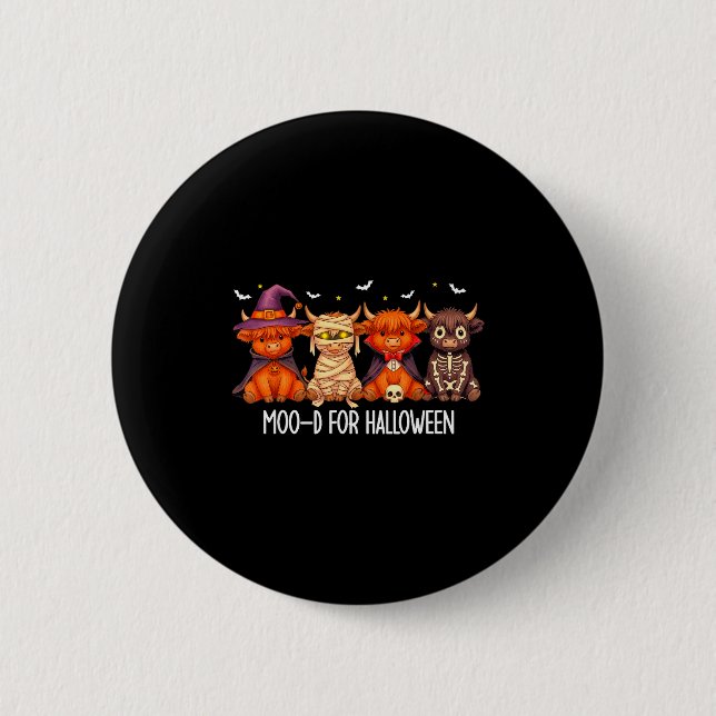 Moo-d For Halloween Boo Ghost Highland Cow Hallowe Button (Front)