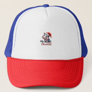 Moo Deng Baby Hippo My First Christmas Cute Santa Trucker Hat