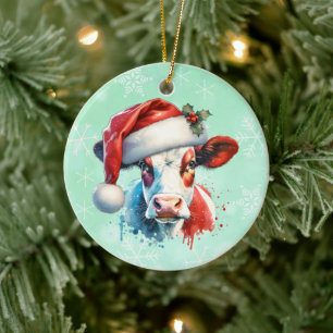 Moo-ey Christmas Cow in Santa Hat Ceramic Ornament