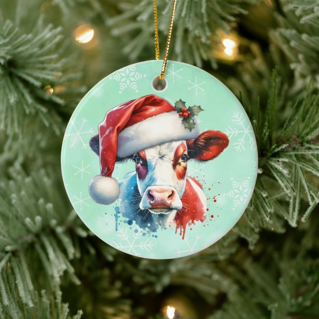 Moo-ey Christmas | Cow in Santa Hat Ceramic Ornament (Tree)