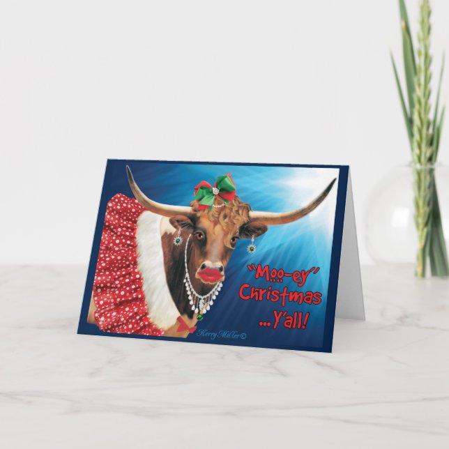 "MOO-ey" Christmas, Longhorn Cow Holiday Card (Front)