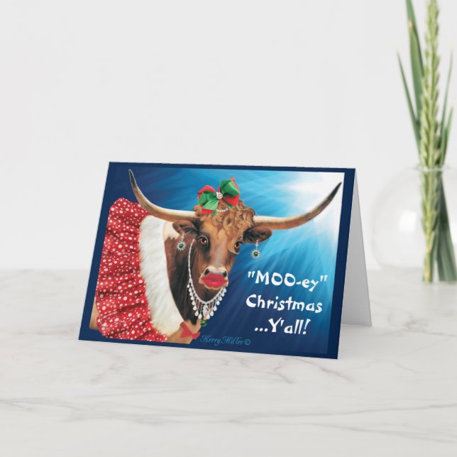 "MOO-ey" Christmas, Longhorn Cow Holiday Card (Front)