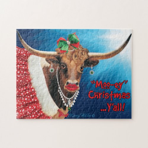 MOO_ey Christmas  Longhorn Cow Jigsaw Puzzle