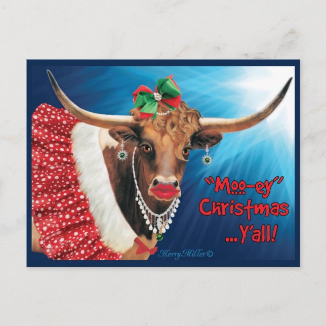 "MOO-ey" Christmas, Longhorn Cow Postcard (Front)