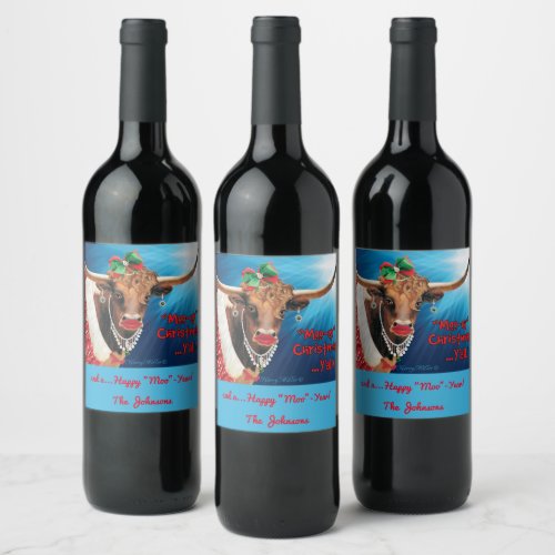 MOO_ey Christmas Longhorn Cow Wine Label