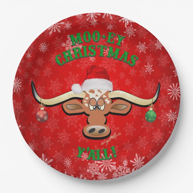 "MOO-ey Christmas,  Longhorn Steer Paper Plates (Front)